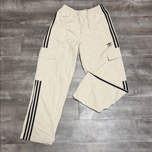 Adidas Men's Small Beige Cargo Pants with Black Stripes